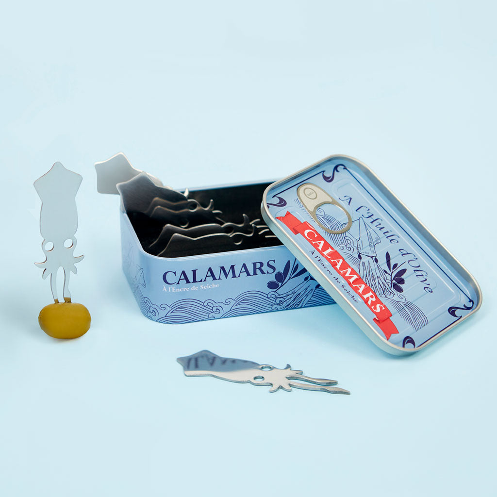 Tilltuggsgafflar Bläckfisk / Calamares, set om 6 i plåtask